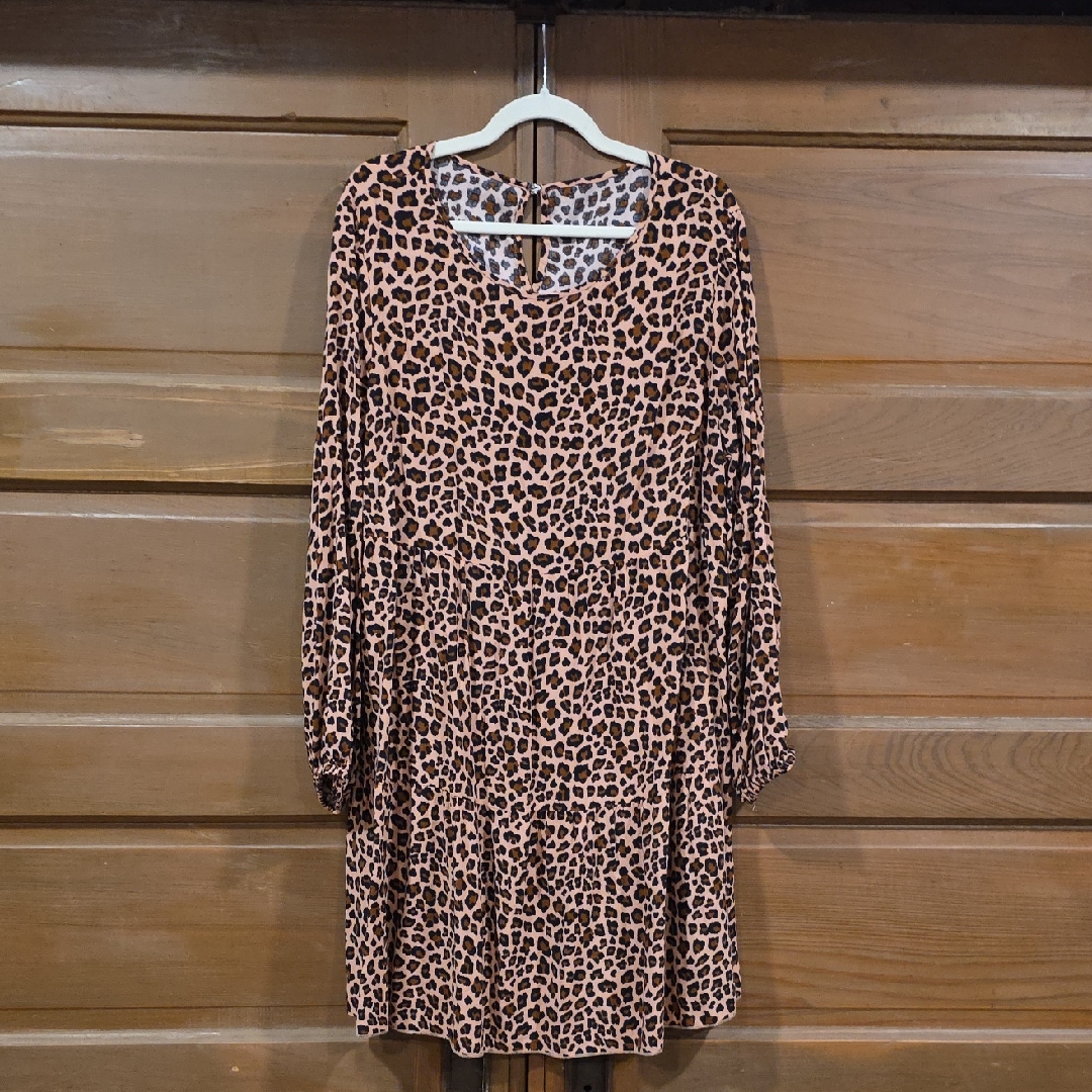 Shein Tan And Black Leopard Print Long Sleeve Tiered Mini Dress